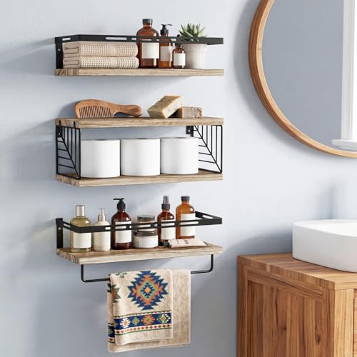 Fixwal Bathroom Shelves Over Toilet, Floating Shelves Wall Mounted with Metal Frame and Towel Bar for Bathroom, Kitchen, Bedroom, Living Room (3 Plus 1 Rustic Brown) - color: 1-rustic Brown