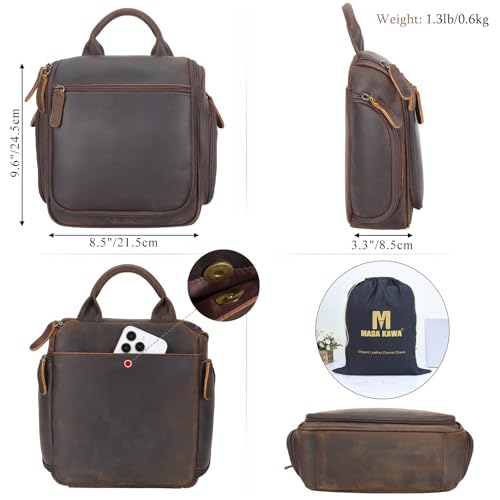 Masa Kawa Leather Hanging Travel Toiletry Bag for Men Portable Expandable Camping Cosmetics Makeup Toiletries Organizer Vintage Bathroom Shaving Kit Brown Wash Bags - color: Brown