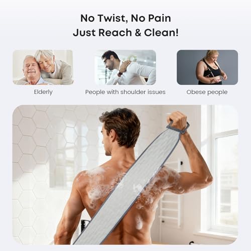 eaxun Exfoliating Back Scrubber with Plastic Handles for Shower, 36 Inches Bath Back Exfoliator Body Cleaner for Men, Women and Elderly, Dual-Sided Roughness Back Washer for Deep Cleansing - size: Medium