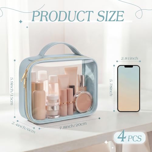 Abbylike 4 Pcs Clear Makeup Bags with Handles Tsa Approved Toiletry Bag with Zipper PU Leather Quart Size Clear Cosmetic Pouch for Travel Women Men Airport Compliant Bags(Blue Tonal Combinations) - color: Blue Tonal Combinations