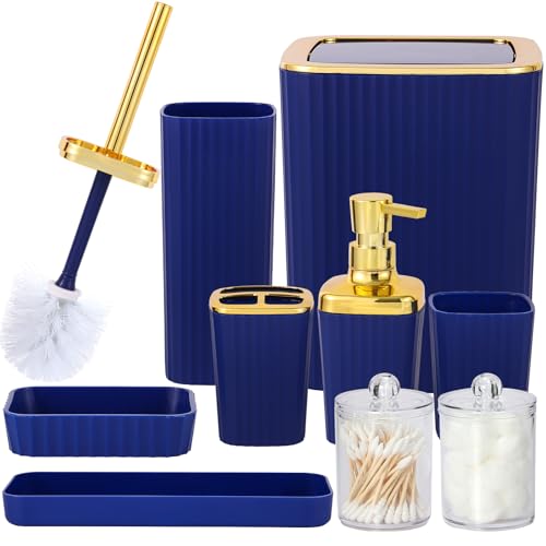 Bathroom Accessory Set,9 Pieces Navy Blue Bathroom Accessories Set with Trash Can, Toothbrush Holder, Soap Dispenser, Toothbrush Cup, Vanity Tray, Soap Dish, Toilet Brush, Qtip Holder - color: Navy Blue