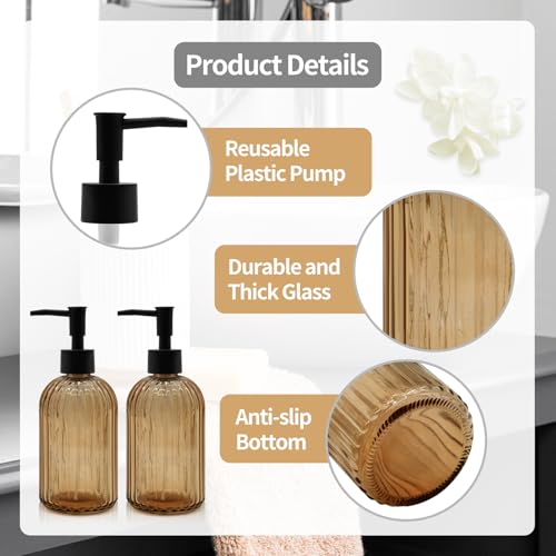 2 Pack 14oz Amber Glass Soap Dispenser with Black Pump – Refillable for Hand Soap, Dish Soap, Lotion, Suited for Kitchen, Bathroom & Laundry Room (Brown) - color: Brown