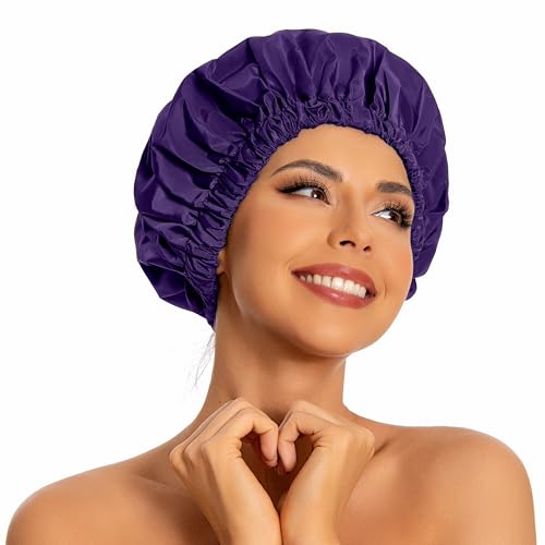 Edoneery Reusable Shower Caps for Women, Waterproof Long Hair Bonnet | Washable Design, Wide Elastic Band, Large Fit, Holds Long Hair, Braids Friendly, Bath Accessories, Spa, Travel - color: Dark Purple