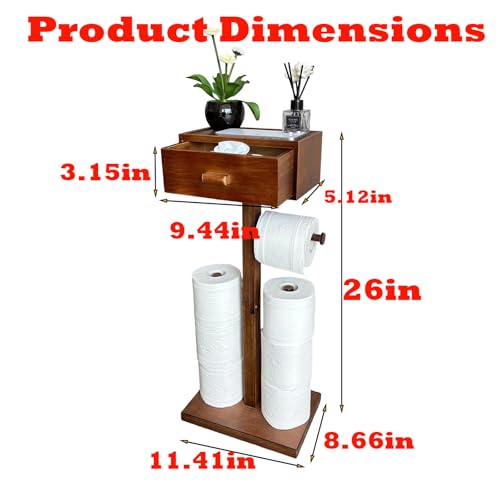 Freestanding Bathroom Toilet Paper Holder Stand with Shelf, Bamboo Toilet Paper Roll Holder with Wet Wipes Storage Drawer(Brown) - color: Brown