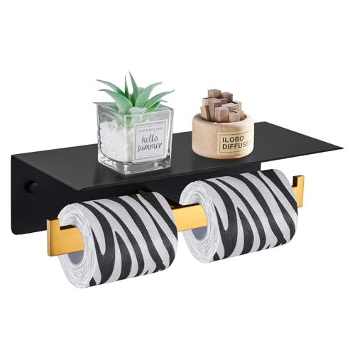 Angle Simple Double Toilet Paper Holder with Shelf, 304 Stainless Steel Bathroom Toilet Tissue Roll Holder for Wall Black and Gold - color: Black & Gold, size: Double Rod