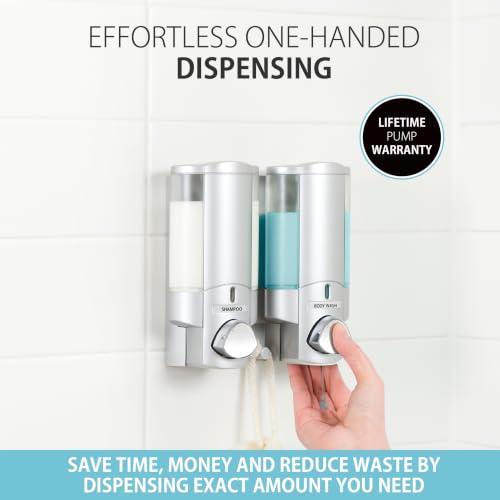 Better Living Aviva Wall Mount Shower Dispenser, 2 x 11oz, Satin Silver | 2 Chamber, Shampoo, Conditioner, Body Wash and Soap Dispenser, Built-in Hooks, No Drill, Waterproof Shampoo Soap Dispenser - color: Satin Silver, size: 2-Chamber