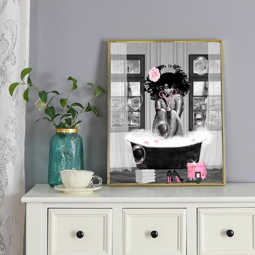 5Pcs Black Girl Shower Curtain Set with Decorative Painting, African American Wall Painting Bathroom Sets with Shower Curtain and Rugs, Trendy Women’s Bathroom Pictures for Wall Art Decor - color: 5pcs Grey With Decor Painting