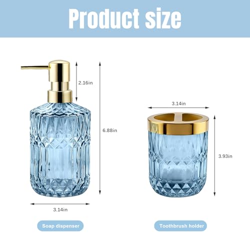 2Pcs Blue Bathroom Accessories Set, Glass Bathroom Accessories, Vintage Bathroom Countertop Decoration Includes Soap Dispenser, Toothbrush Holder - color: Blue, size: 2 Pcs