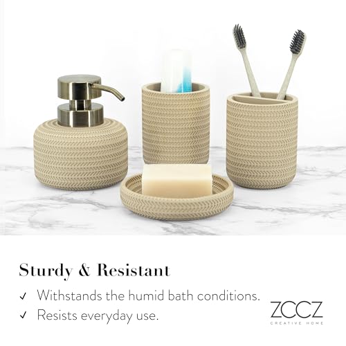 ZCCZ Beige Bathroom Accessories Set 4 Pcs - Toothbrush Holder, Soap Dispenser, Vanity Tray, Tumbler - Countertop Organizer for Bathroom Decor - Stylish and Functional Accessory Set for Home - color: Beige 4pcs