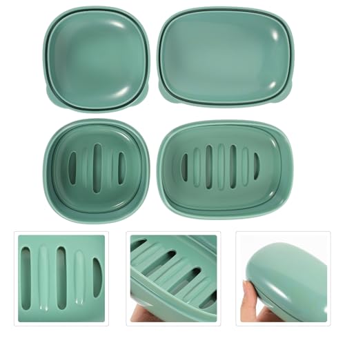 NUOBESTY Portable Waterproof Soap Dish with Lid 2pcs Set (Green Square Green Rectangle) Household Soap Case for Travel and Bathroom with Drainage for Home Use