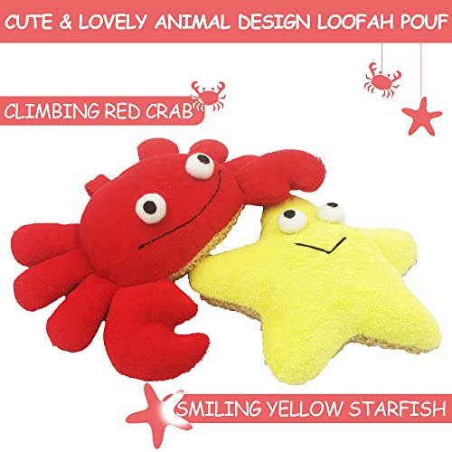 (2 Pack) Animal Body Scrubber Natural Linen Shower Ball for Toddler Kids Gentle Exfoliating Bath Sponge Loofah Pouf in Yellow Starfish Red Crab with Cute Big Eyes Design