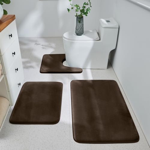 HUXMEYSON Bathroom Rugs Sets 3 Piece, Ultra Soft Velvet Memory Foam Bath Rugs, Non-Slip & PVC Backing Bathroom Mat Set, Washable Quick Dry Bath Rug - Brown - color: Brown, size: 17"x24"+20"x32"+U Shape 20"x24"