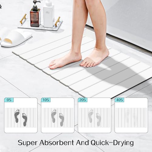 Cuckan Foldable Stone Bath Mats for Bathroom Super Absorbent Diatomaceous Earth Bath Mat Quick Dry Bath Rug Drying Mats with Non Slip Shower Rug Tub Shower Mat - color: White, size: Rug 15x32" + 14x23" Non-slip Mat