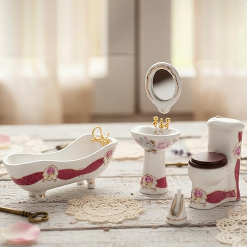 Dollhouse Bathroom Set 5PCS Miniature Porcelain Furniture 1/12 Victorian Dollhouse Furniture White Ceramic Toilet Bathtub Washbasins Decoration Accessory (Red) - style: Red