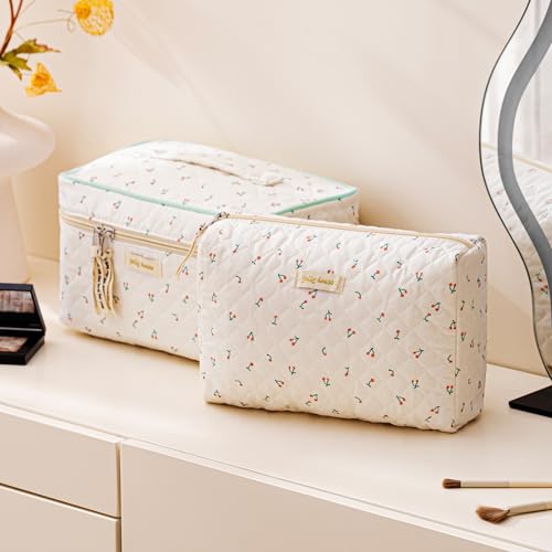 HBselect Quilted Makeup Bag, 3PCS Cotton Large Travel Makeup Bag, Cute Floral Coquette Make up Bag Cosmetic Bag Toiletry Bag for Women Girls - color: A-3PCS-Cherry