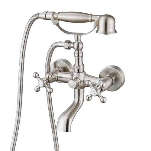 gotonovo Wall Mount Clawfoot Bathtub Faucet with HandHeld Spray and 360° Double Cross Handle Swivel Spout Vintage Tub Shower Faucet Set with Adapter Adjustable Swing Arms Brushed Nickel - color: Brushed Nickel