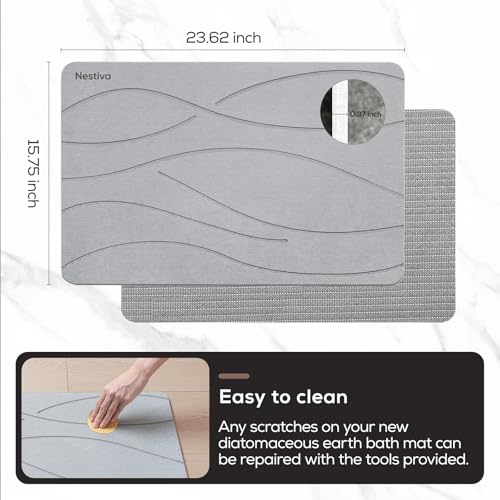 Stone Bath Mat Non-Slip Super Absorbent, Quick Drying, Multi-Purpose Large Bathroom Rugs in Front of Bathtubs and Sinks, Natural Diatomaceous Earth Shower Mat Easy to Clean(15.3″x23.6″, Grey) - color: Grey, size: 1'3" x 1'11" (Rectangular)