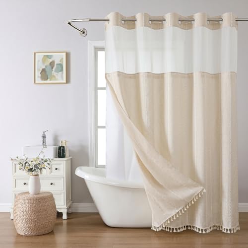 eachope Boho Farmhouse No Hook Shower Curtain Set with Snap-in Fabric Liner,Heavy-Duty Linen Textured Rustic Striped Design,Water-Repellent with Tassels and Sheer Window,Cream/Beige,71x74 - color: Cream, size: 71"W x 74"L (Pack of 1)