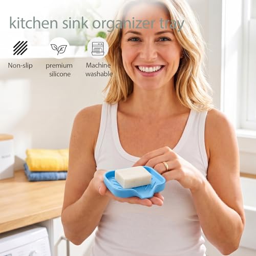 MicoYang Silicone Soap Dish with Drain Spout, Self-Draining Sink Organizer Tray for Bathroom & Kitchen, Sponges, Dispensers & Soap Holder, Non-Slip and Dishwasher Safe, Light Blue (Compact, 4.9"×3.2") - color: Light Blue, size: S(4.9"×3.2")