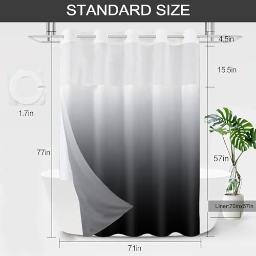Long No Hook Shower Curtain with Snap in Liner, Black and White Shower Curtains and Liner Set, Ombre Hotel Fabric Bath Curtain for Bathroom, Mesh Top Window Waterproof Washable, 71" x 77" - color: Ombre Black, size: 71"W x 77"L (Pack of 1)