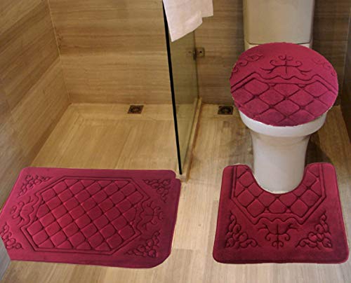 All American Collection 3PC Memory Foam Bath Mats Soft Plush Crown Design Anti-Slip Shower Bathroom Contour Toilet Lid Cover Rugs (Burgundy) - color: Burgundy