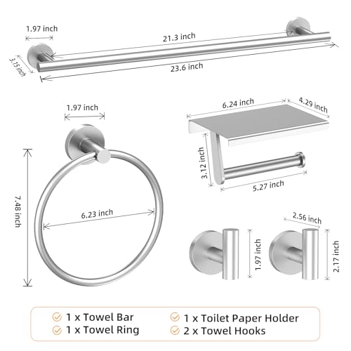 Brushed Nickel 5-Piece Bathroom Hardware Set, 23.6 Inch Towel Bar Set SUS304 Stainless Steel Towel Racks Round Towel Bar, Towel Ring, Toilet Paper Holder, 2 Robe Hooks, Wall Mounted - color: Brushed Nickel
