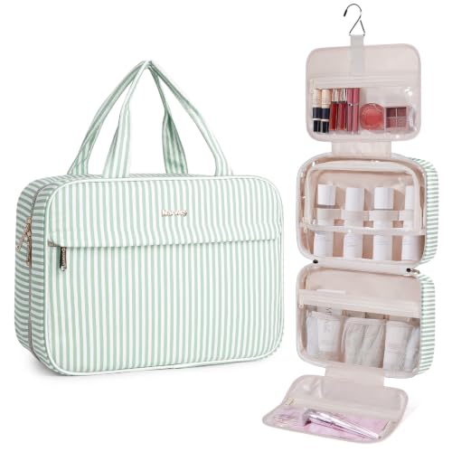 Narwey Striped Hanging Toiletry Bag for Women Travel Makeup Bag Organizer Cosmetic Make Up Toiletries Bag for Travel Essentials Accessories (Mint Green Stripe, Medium) - color: B-Mint Green Stripe, size: Medium