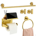 5-Pieces Wall Mount Bathroom Accessories Bathroom Hardware Set,22 Inch Stainless Steel Waterproof Towel Bars,Toilet Paper Holder with Shelf,Towel Ring,Coat Hook (Brushed Gold 5PC - Round) - color: Brushed Gold 5pc - Round