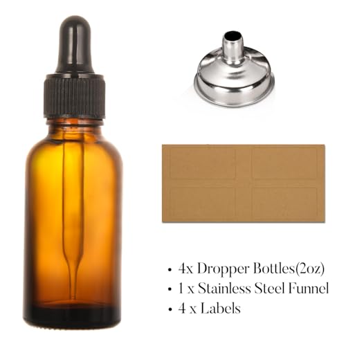 4 Pack, 2 oz Bottles with Dropper & 1 Funnel & 4 Labels - Essential Oils Bottles for Health, Personal Care & Beauty - 60ml Thick Dark Amber Glass Tincture Bottles, Refillable Cosmetic Containers - color: Amber