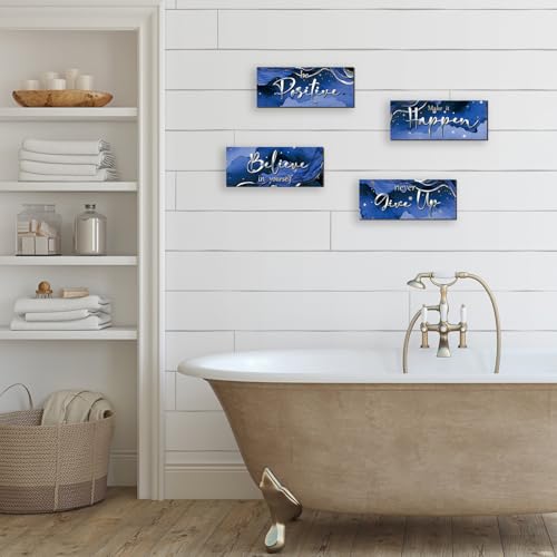 4 Piece Blue And Silver Bathroom Decor Motivational Silver Wall Art Abstract Women’s Office Decor Inspirational Wooden Signs Blue Bathroom Accessories for Home Bedroom Office 10X4 Inch - color: Blue
