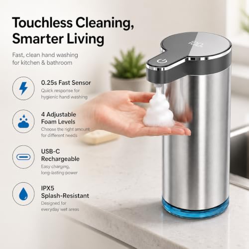 Automatic Foaming Soap Dispenser, Touchless Rechargeable Soap Dispenser for Kitchen & Bathroom, Stainless Steel, 4 Adjustable Foam Levels, USB-C, Waterproof, 12oz/350ml(Stainless Steel Foam) - color: St-01 Foam Gray