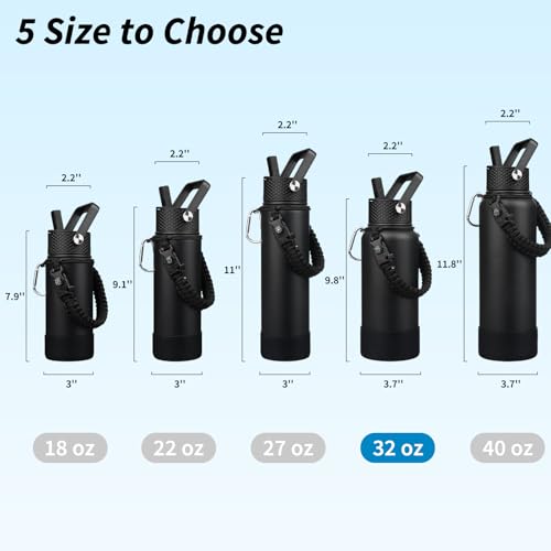 BJPKPK 32oz Insulated Water Bottles with 3 Lids, Paracord Handle & Non-slip Boot, Stainless Steel Metal Water Bottle,Reusable BPA Free Thermal Flasks, Tumblers, Black - color: Black, size: 32 Ounces