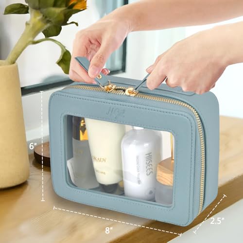 NGIL Clear Faux Leather Travel Toiletry Bag, Makeup Bag Organizer for Women, Clear Window & Gold Zipper Makeup Bag, Road Trip Essential, Skincare, Cruise Ship Essentials (Blue) - color: Blue