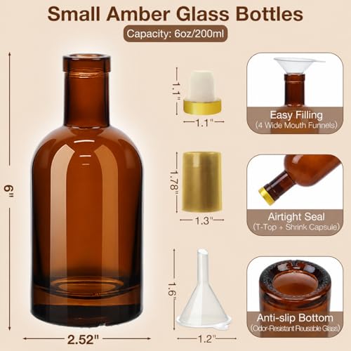 TBWIND 12 Pack 6oz/200ml Amber Glass Bottles with T-Top Corks | Airtight refillable bottles. For vanilla extract, maple syrup, hot sauce & homemade spirits. Includes funnels & labels - color: 6oz/ 200ml, size: Amber