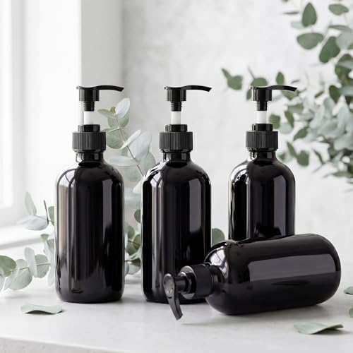 Tanlade 24 Pcs Glass Pump Bottle Dispenser 4 oz Travel Bottles with Pump Refillable Glass Containers for Toiletries Lotion Liquid Soap Shampoo Essential Oils Cosmetic Travel Accessories(Black) - color: Black