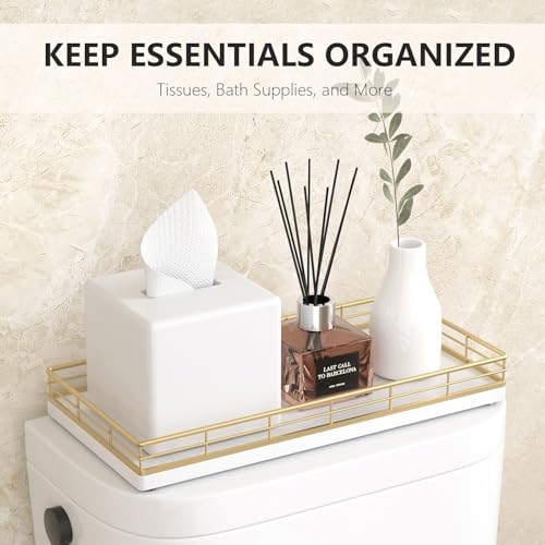 Toilet Paper Basket Organizer, Oak Wood Toilet Tank Tray with Metal Frame | Bathroom Counter Top Storage for Toilet Paper, Wipes & Decor, Modern Narrow Back of Tank Shelf Organizer, Gold & White - color: Gold & White, size: 13" x 6.5" x 2"