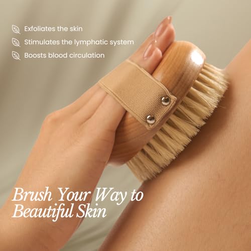Bare Botanics Dry Brushing Body Brush for Lymphatic Drainage | Medium Firmness Cruelty Free Natural Boar Bristles Improves Circulation and Gently Exfoliates | Ergonomic Elastic Strap - size: Palm Dry Brush