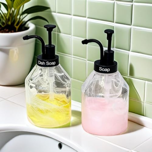 Bathroom Glass Soap Dispenser Set, 2 Pcs 375ml/12.7 Oz Unique 3D Cloud Pattern Thick Glass Soap Bottle with Smooth Action Rust-Free Black ABS Pump for Kitchen Counter Dish Soap Dispenser - color: Black-pump