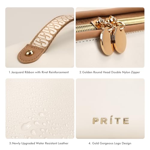 Prite Makeup Bag for Women Travel Waterproof Vegan Leather Cosmetic Bag Open Flat Toiletry Bag With Clear Divider and Handle (Beige, Large) - color: Beige, size: Large
