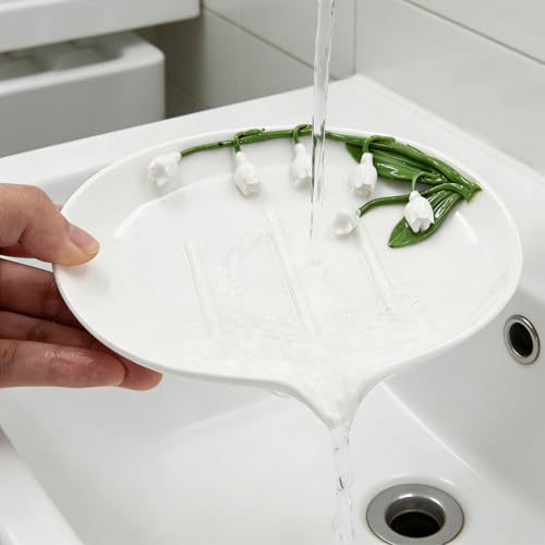 Flower Ceramic Soap Dish, Modern White Bar Soap Holder, Easy to Clean Multi-Purpose Soap Tray for Sponges, Jewelry, Bathroom Shower & Kitchen