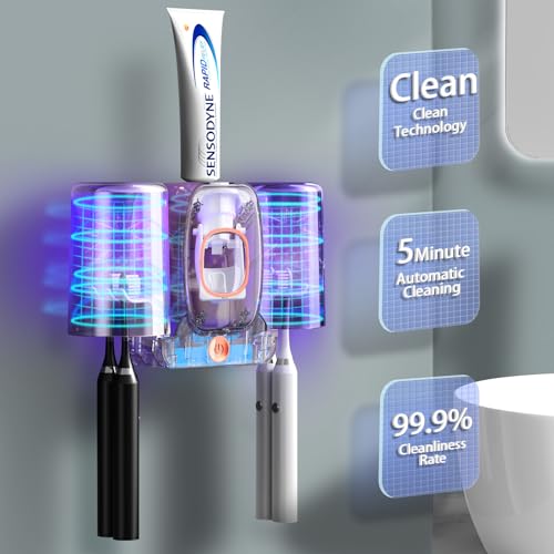 Toothbrush Holders for Bathrooms, Wekity Automatic Toothpaste Dispenser Space Saving Toothbrush and Toothpaste Holder，Toothbrush Holder Wall Mounted with 2 Cups for Bathroom (Green)… - color: Green
