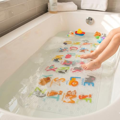 BEEHOMEE Cartoon Non Slip Bathtub Mat for Kids - 34x15 Inch XL Large Size Anti Slip Shower Mats for for Toddlers Children Baby Floor Tub Mats (Alphabet)