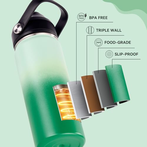 Fijinhom 24oz Insulated Stainless Steel Water Bottle, Wide Mouth Double Wall Vacuum, Silicone Straw, Sweat & Leak Proof, BPA Free Insulated Water Flask for Travel, Green Gradient - color: Green Gradient, size: 24 Ounces