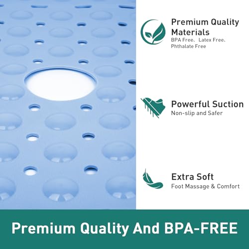 Large Square Shower Mat 27 x 27 Inch Light Blue, Non Slip Shower Bathtub Mats for Inside Shower with Big Suction Cups Drain Holes, Anti Slip Bathroom Floor Stall Mats, Easy Clean, BPA-Free - color: Light Blue