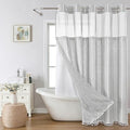 eachope Grey Farmhouse No Hook Shower Curtain Set with Snap-in Fabric Liner,Boho Heavy-Duty Linen Textured Rustic Striped Design,Water-Repellent with Tassels and Sheer Window,Gray,71x74 - color: Grey, size: 71"W x 74"L (Pack of 1)