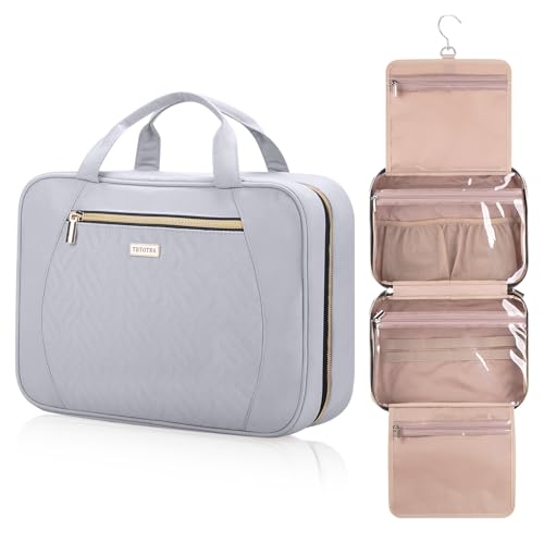 Hanging Toiletry Bag for Women Travel, 2 Sizes Large & Small Waterproof Cosmetic Organizer with 4 Compartments, Rotating Hook, Foldable Pink Travel Bag for Toiletries & Makeup - Large Grey - color: Grey, size: Large