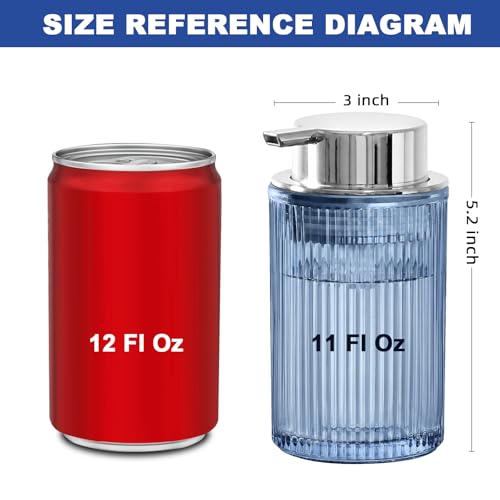 KASUNTING Blue Glass Foaming Soap Dispenser, Ribbed Foam Hand Soap Dispenser for Bathroom, 11 Fl Oz Refillable Foaming Pump Bottle with Black Pump, Modern Dish Soap Foam Dispenser - color: Blue Bottle+ Sliver Pump, size: Foam-1 Pack