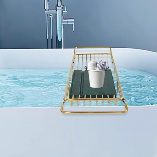 Expandable Bathtub Tray Caddy Shelf with Marble Table Mobile/Tablet Stand, Luxury Bath Tub Tray Rack, Bathroom Home Spa Shower Accessories Perfect Relaxing Spa Gifts for Women and Towel