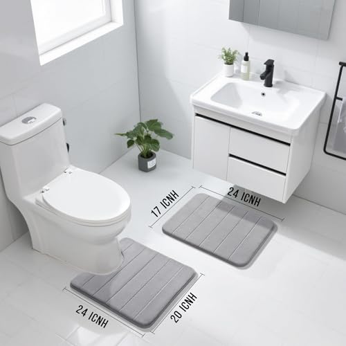 Yimobra U-Shaped Toilet Bath Mat Set 2 Piece - Super Soft Absorbent Quick Dry Memory Foam Bathroom Rugs, Machine Washable Non Slip Floor Carpet for Tub Shower & Single Sink (17x24 & 24x20, Gray) - color: Grey, size: 24x17+24x20 Inch