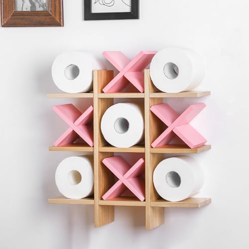 Weysat Tic Tac Toe Toilet Paper Holder Stand Bathroom Wall Decor Rustic Wooden Hanging Storage Freestanding Wall Mounted Shelves Decor for Toilet Tissue Farmhouse(Wood Color, Pink) - color: Wood Color, Pink